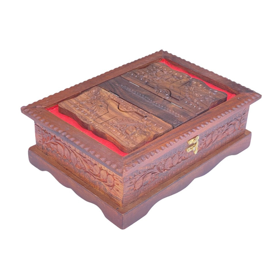 Hand-carved wooden Quran box with foldable rehal stand and red velvet interior – ideal for storage and gifting.