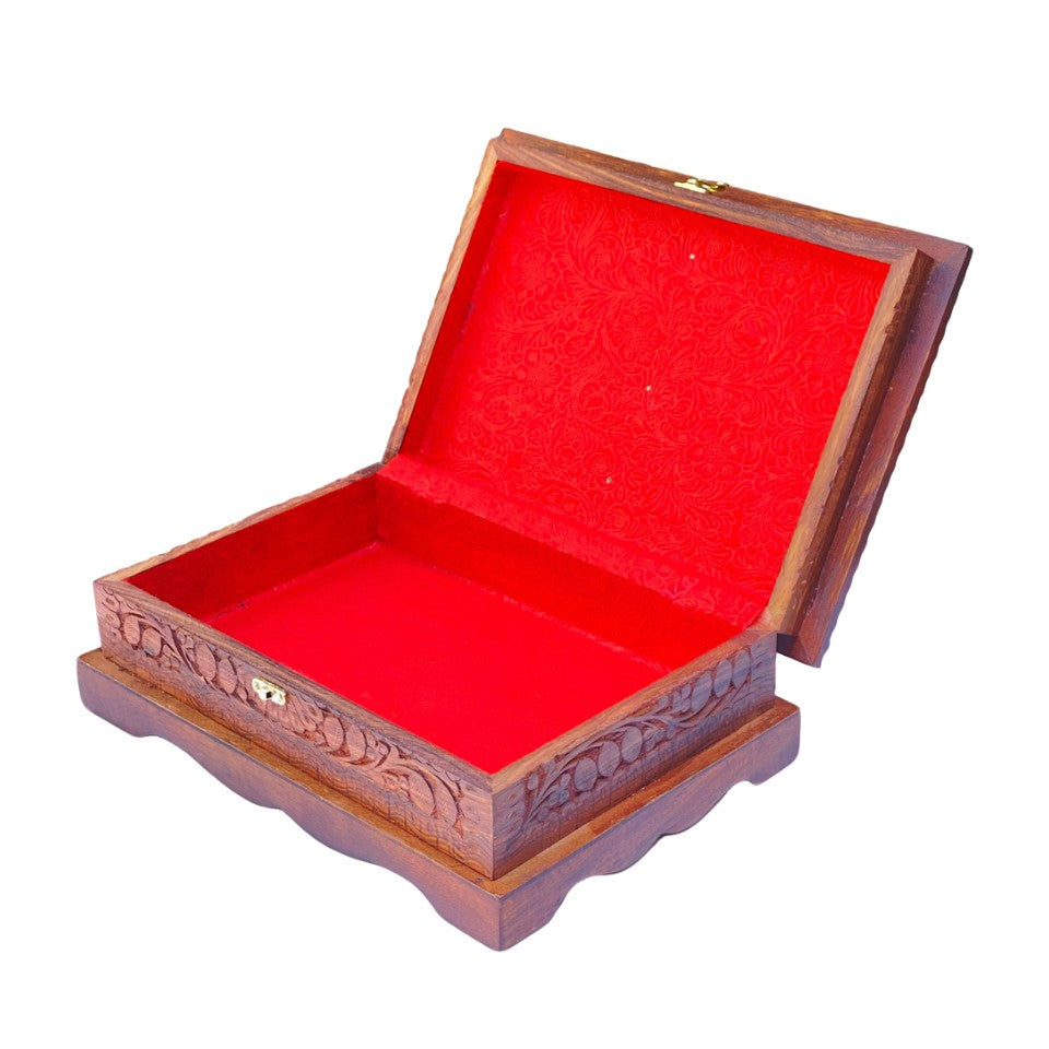 Hand-carved wooden Quran box with foldable rehal stand and red velvet interior – ideal for storage and gifting.