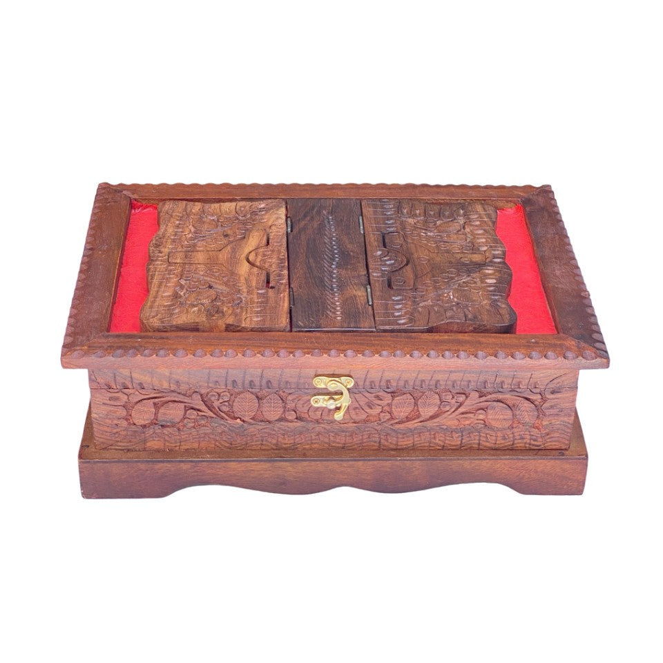 Hand-carved wooden Quran box with foldable rehal stand and red velvet interior – ideal for storage and gifting.