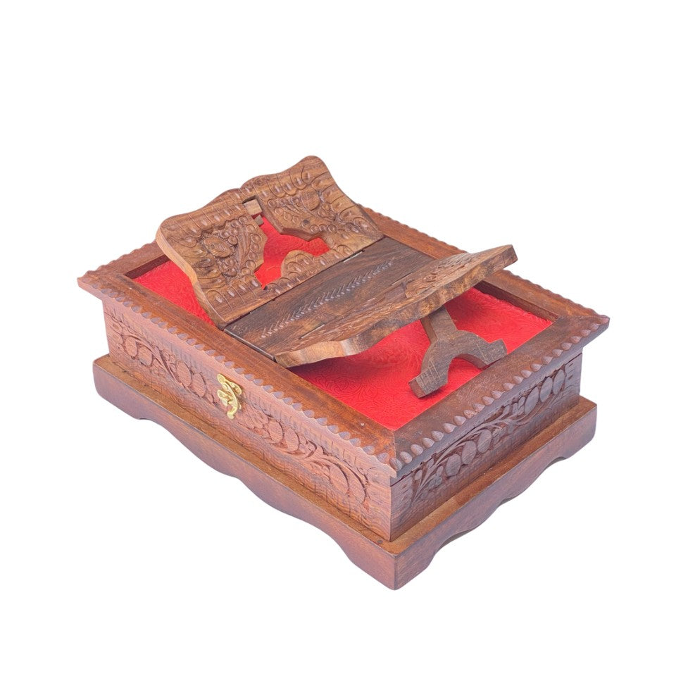Hand-carved wooden Quran box with foldable rehal stand and red velvet interior – ideal for storage and gifting.