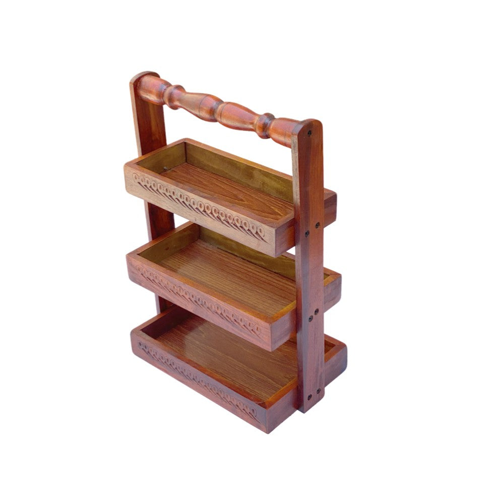 Handcrafted wooden 3-tier spoon stand with carved design and handle.