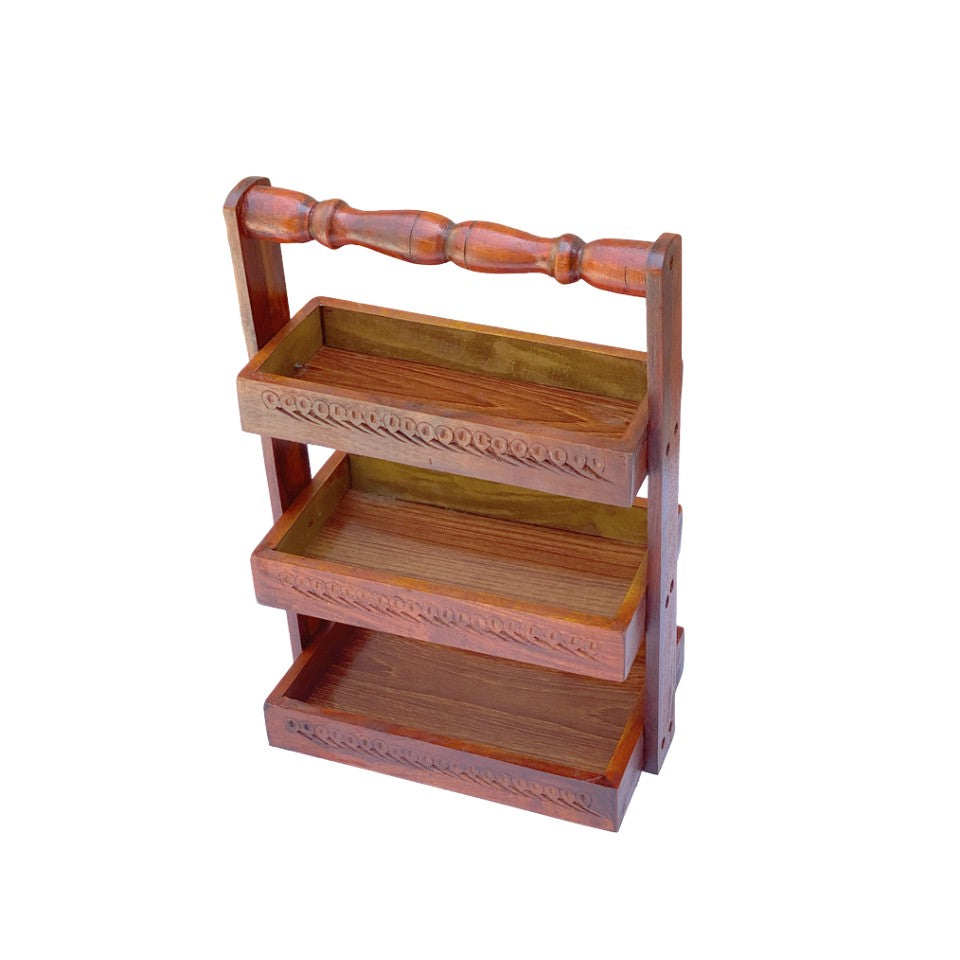 Handcrafted wooden 3-tier spoon stand with carved design and handle.