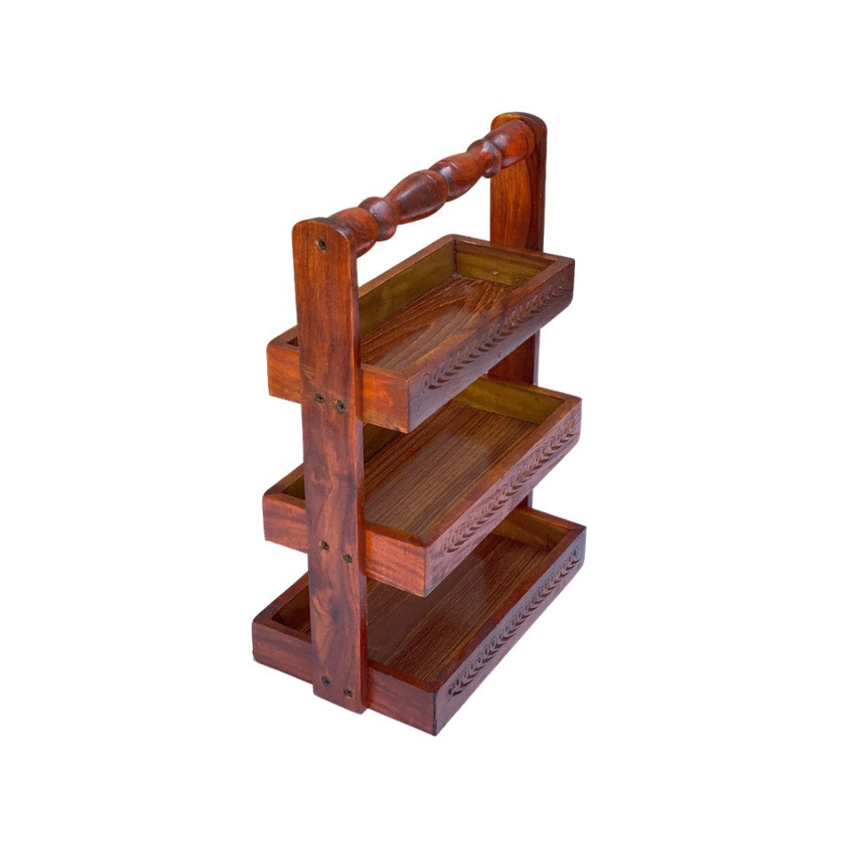 Handcrafted wooden 3-tier spoon stand with carved design and handle.