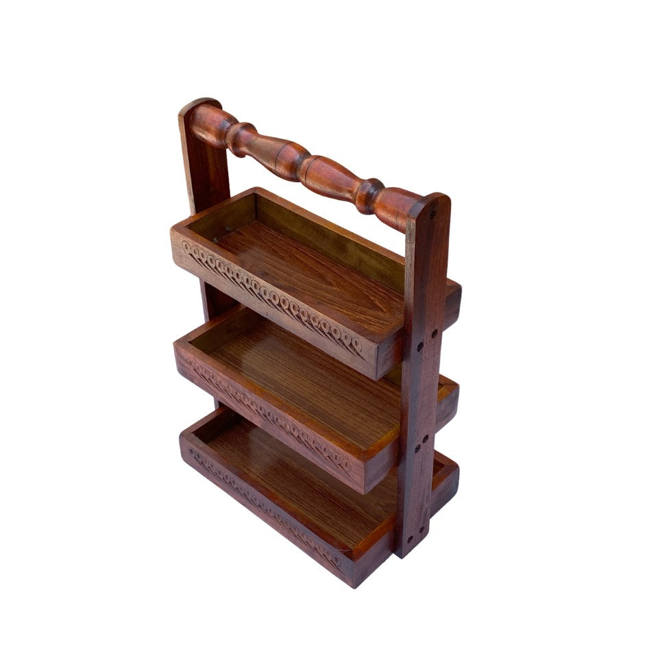 Handcrafted wooden 3-tier spoon stand with carved design and handle.
