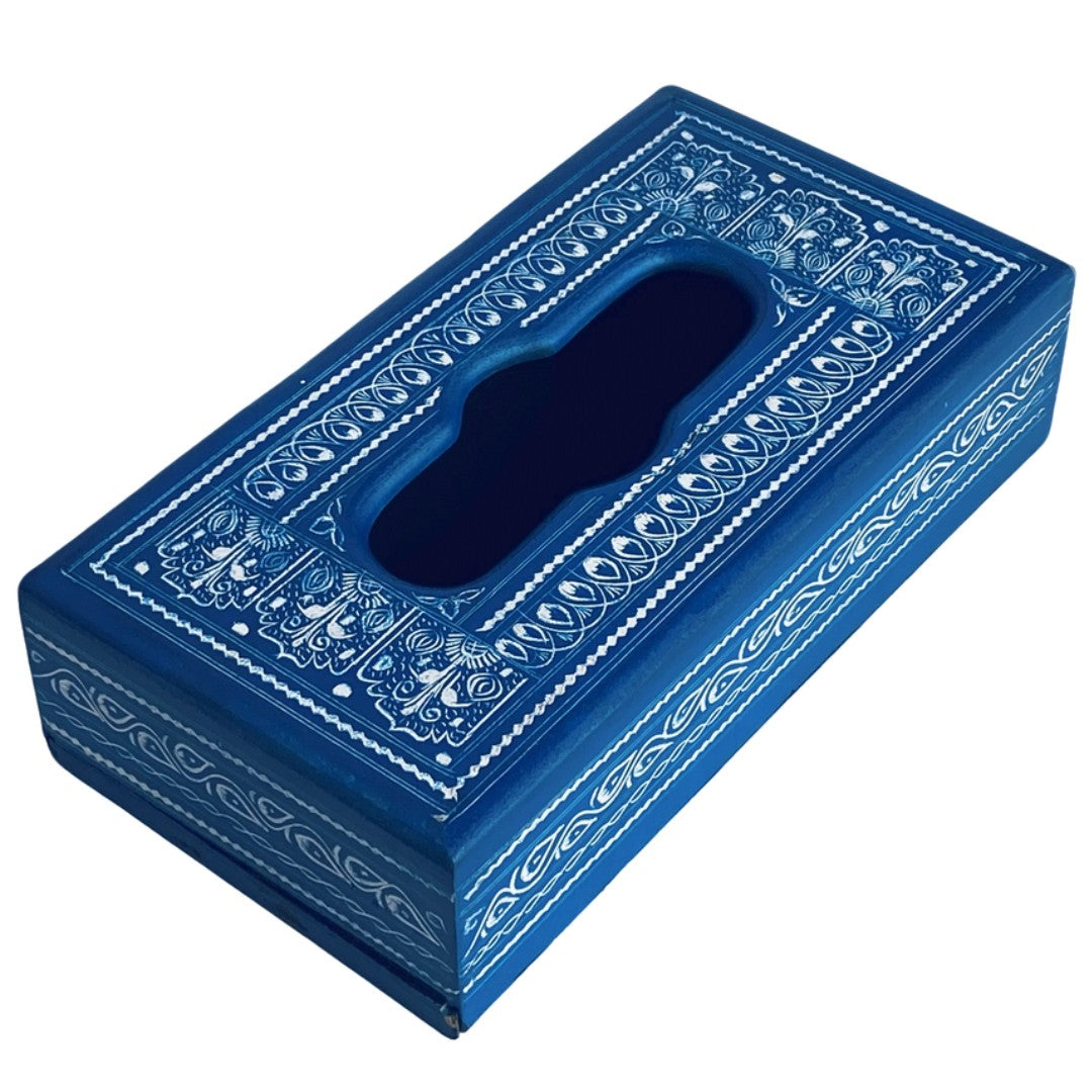 Handcrafted Naqshi wooden tissue box – elegant carved design for home decor.
