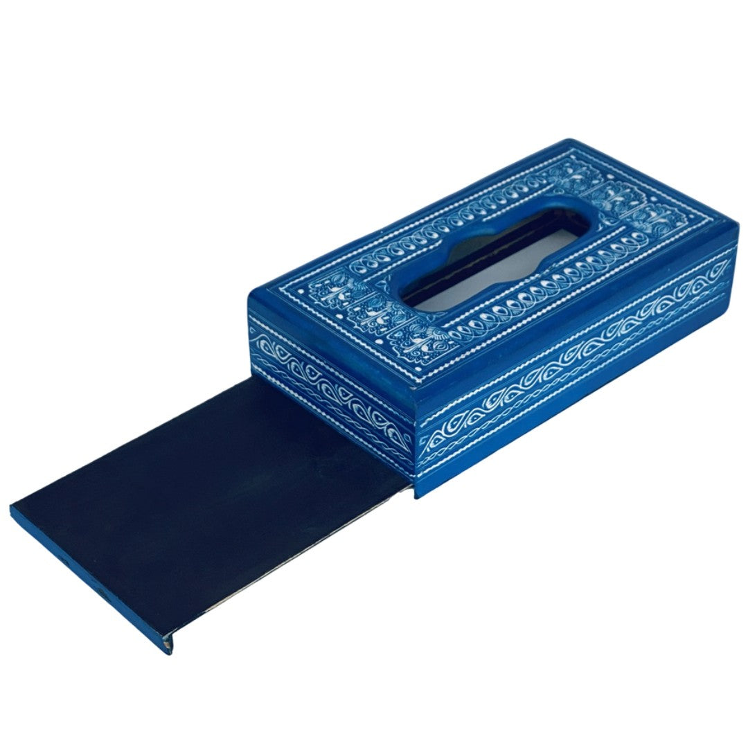 Handcrafted Naqshi wooden tissue box – elegant carved design for home decor.