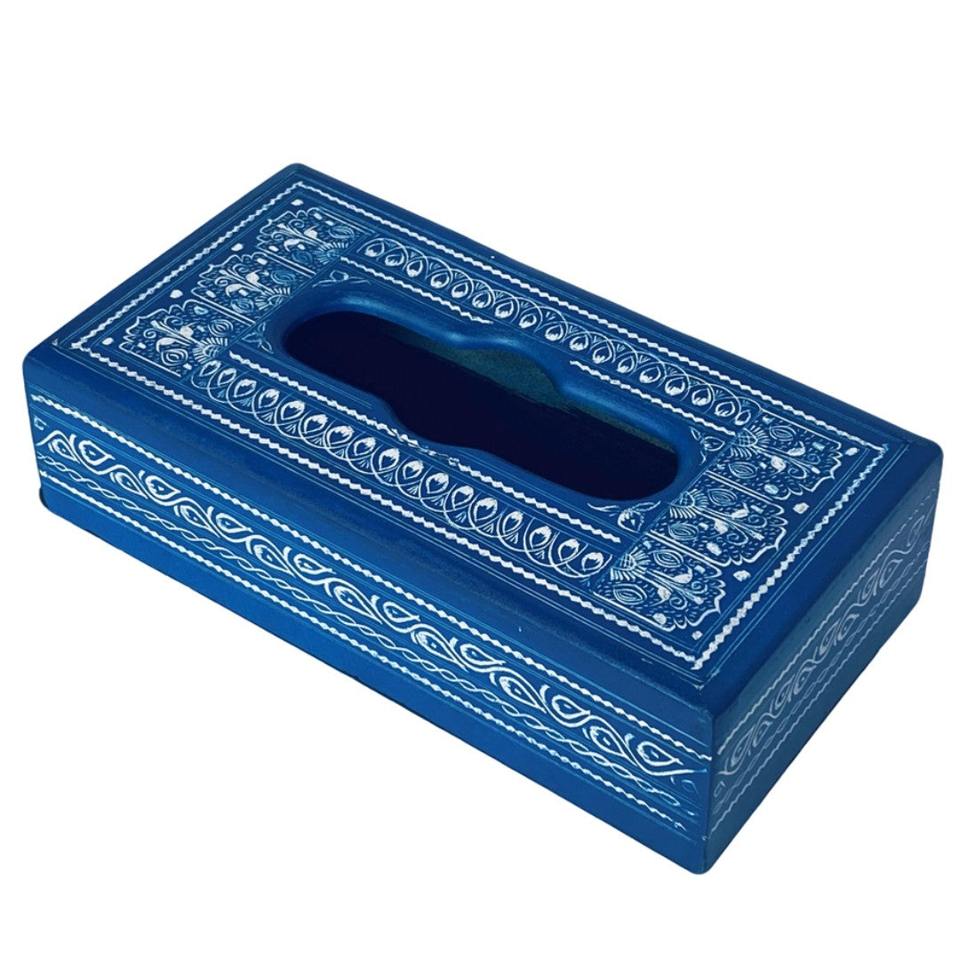Handcrafted Naqshi wooden tissue box – elegant carved design for home decor.