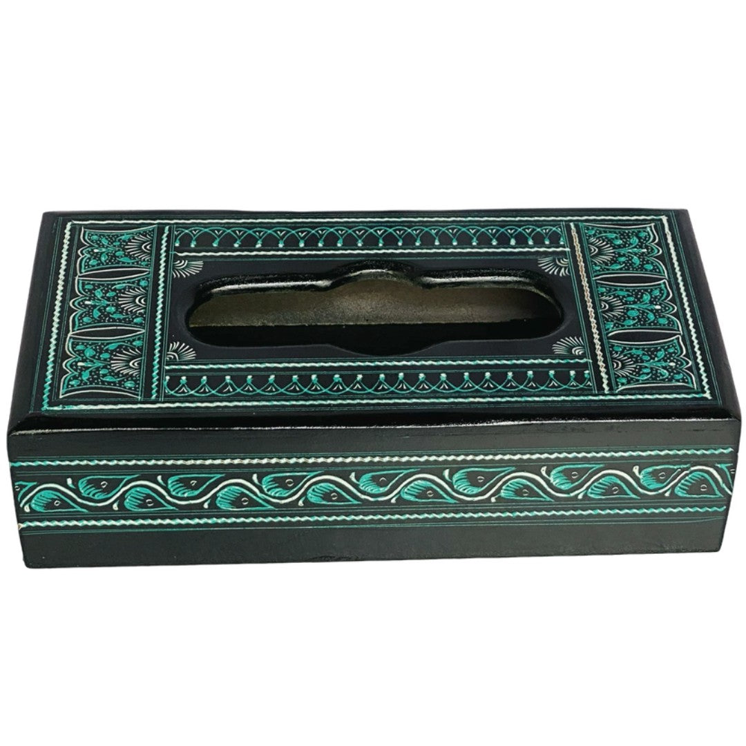Handcrafted Naqshi wooden tissue box – elegant carved design for home decor.