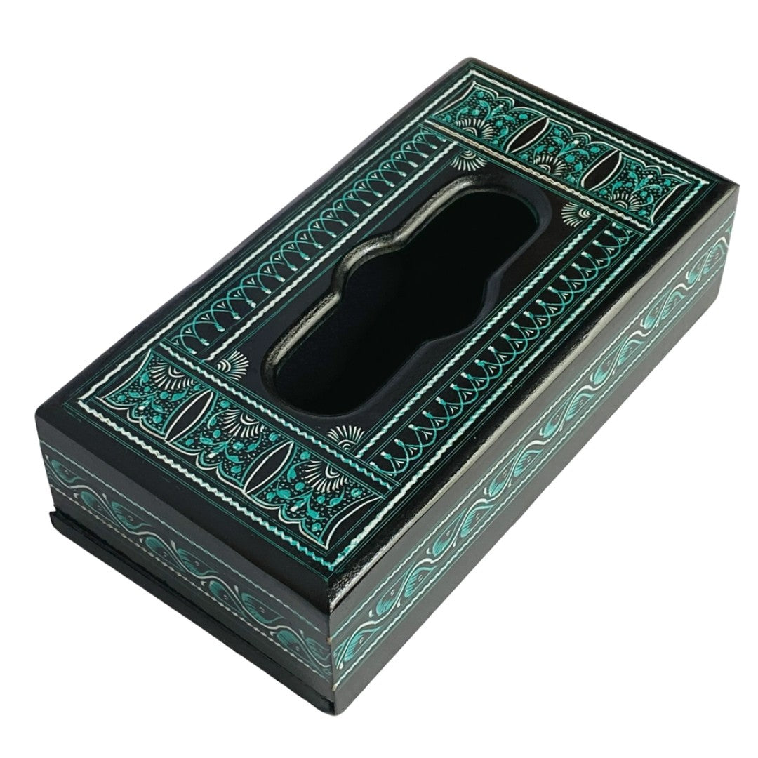 Handcrafted Naqshi wooden tissue box – elegant carved design for home decor.