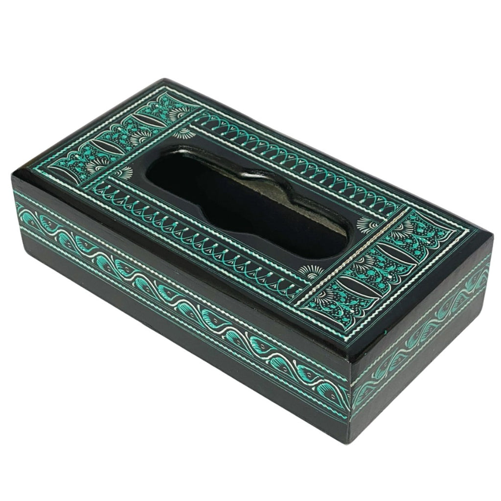 Handcrafted Naqshi wooden tissue box – elegant carved design for home decor.