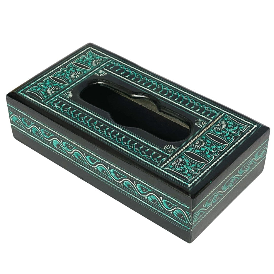 Handcrafted Naqshi wooden tissue box – elegant carved design for home decor.