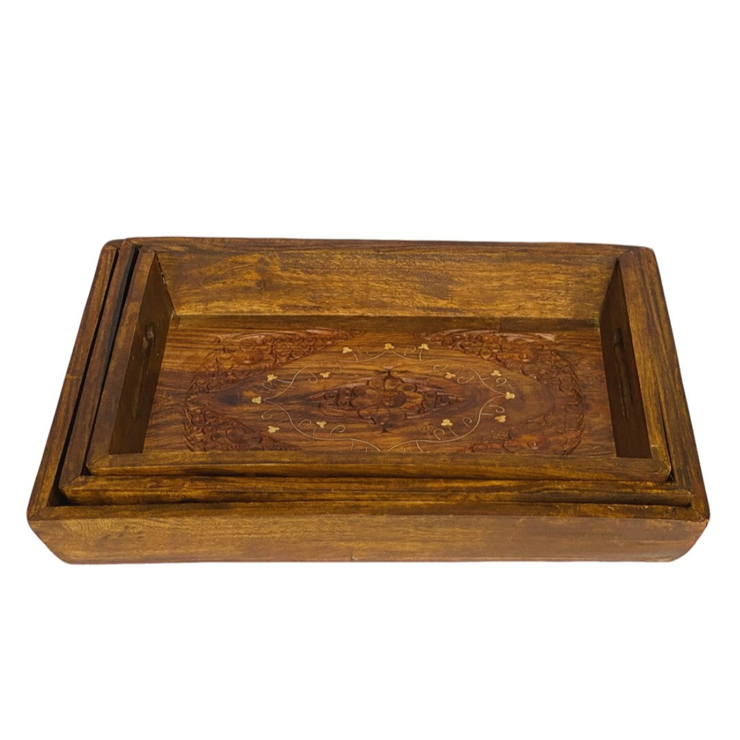 Handcrafted tray set with brass and carving design – elegant decorative serving trays.