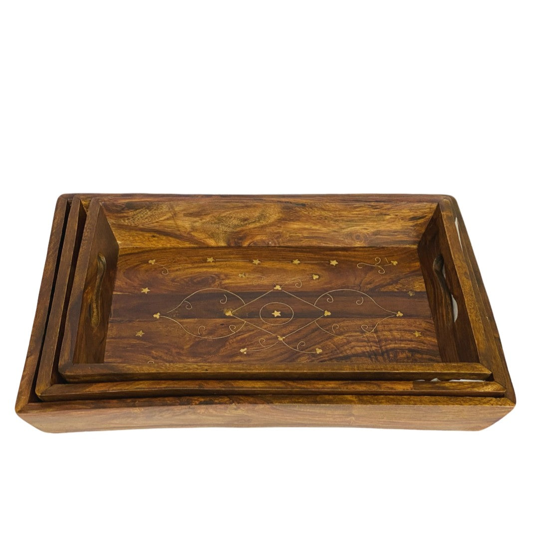 Handcrafted tray set with brass and carving design – elegant decorative serving trays.