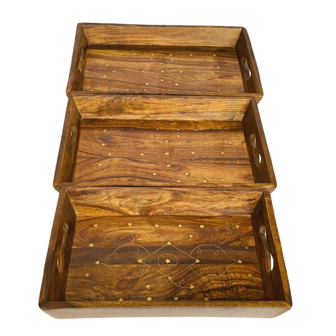 Handcrafted tray set with brass and carving design – elegant decorative serving trays.