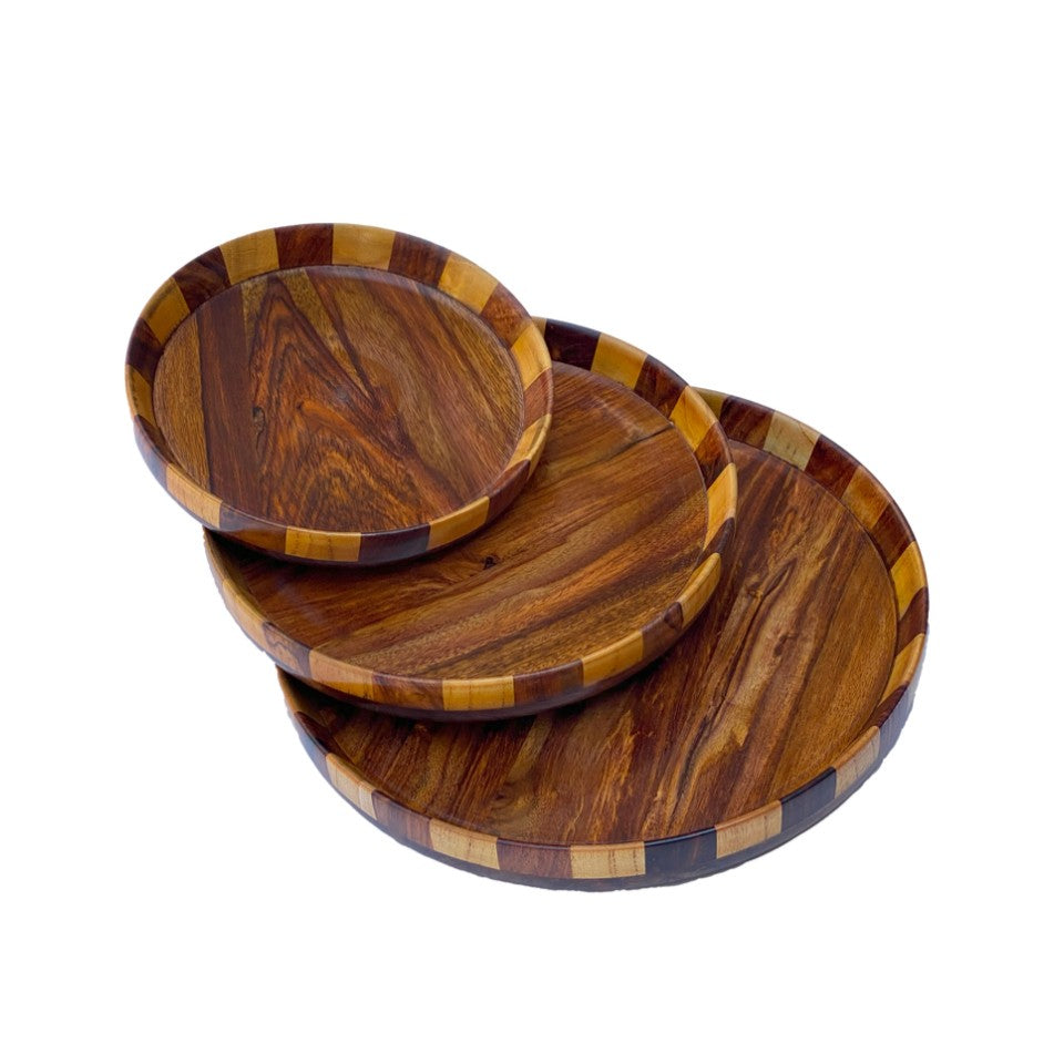  Handcrafted wooden plate set with multi-wood mosaic design featuring three nested plates in varying sizes made from walnut, cherry, and maple woods.