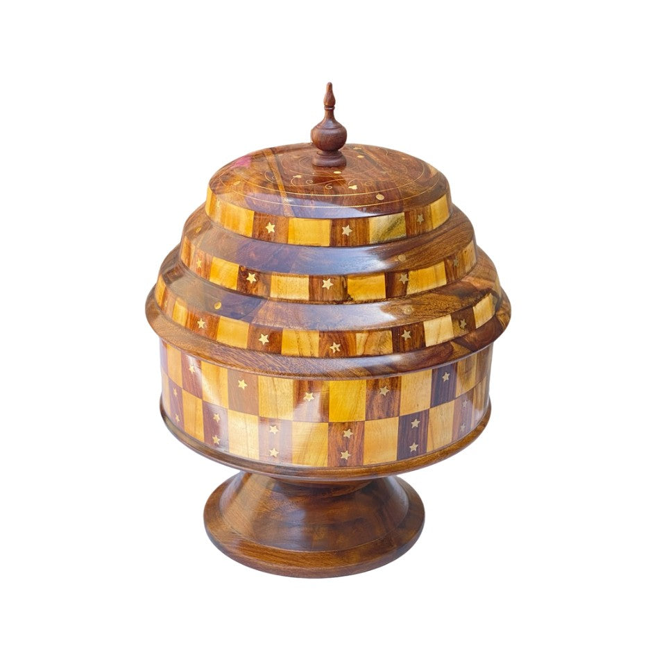  Handcrafted wooden hotpot with glass bowl and decorative star pattern, perfect for keeping soups and stews warm during family meals.