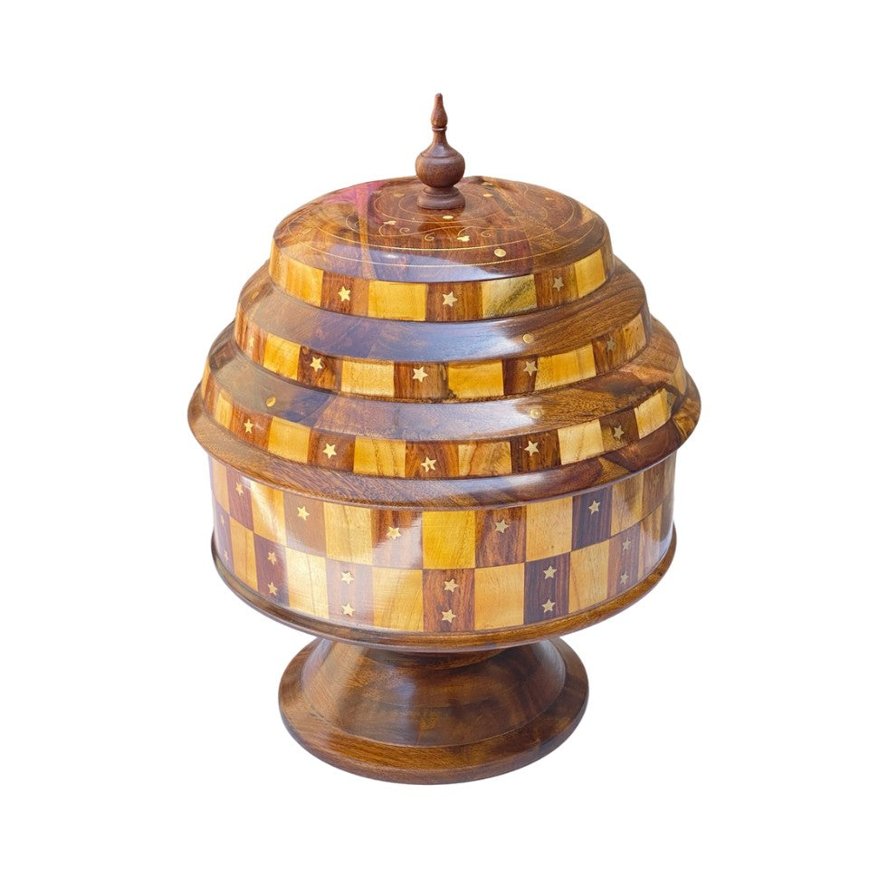  Handcrafted wooden hotpot with glass bowl and decorative star pattern, perfect for keeping soups and stews warm during family meals.