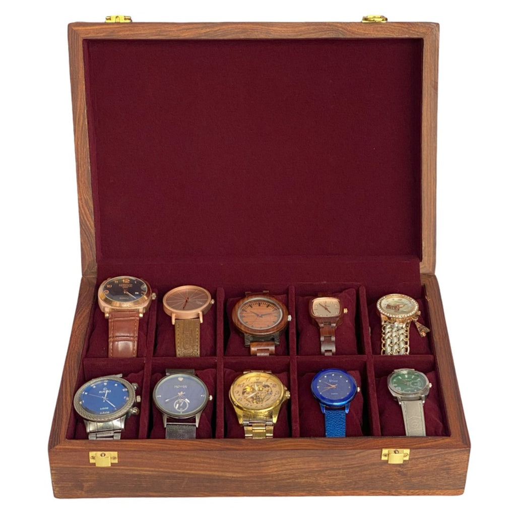 Premium wooden watch box with polished wood top for ten watches – elegant storage organizer.