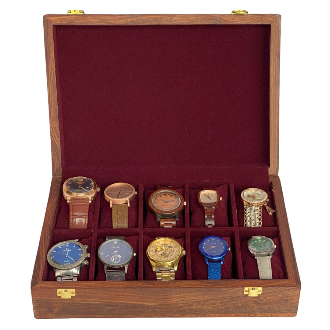 Premium wooden watch box with polished wood top for ten watches – elegant storage organizer.