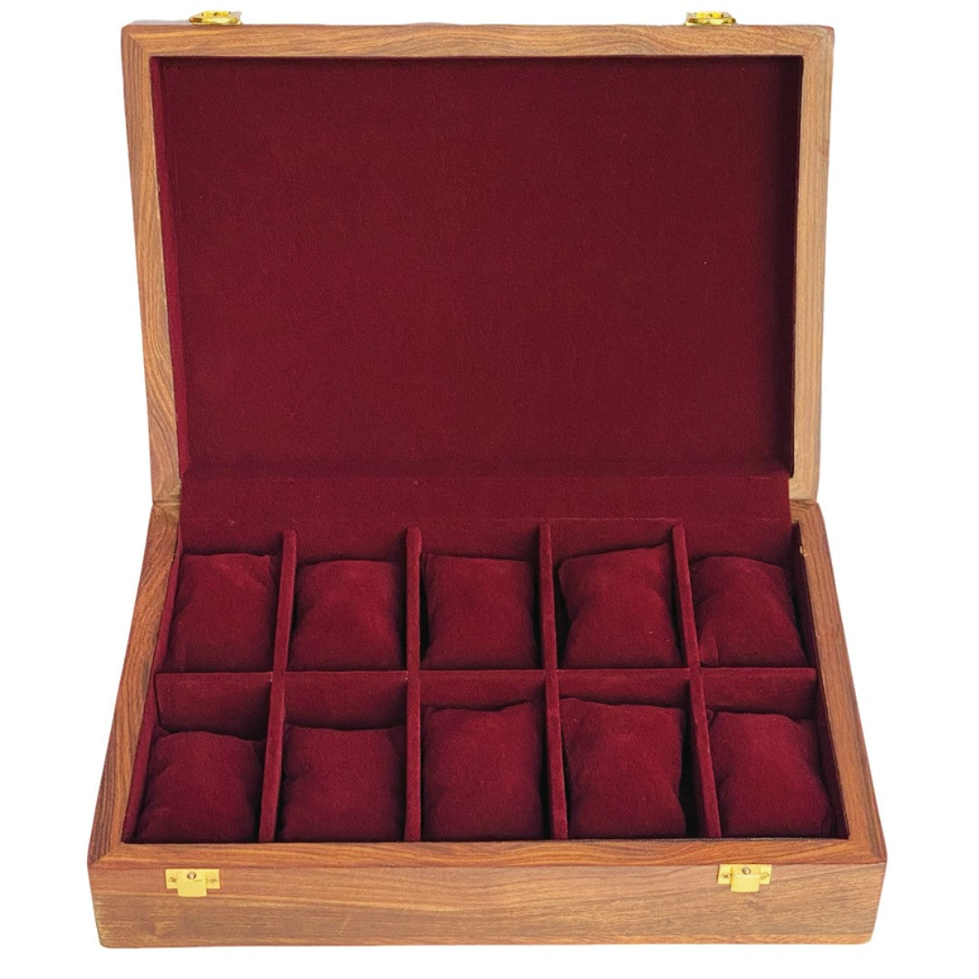 Premium wooden watch box with polished wood top for ten watches – elegant storage organizer.