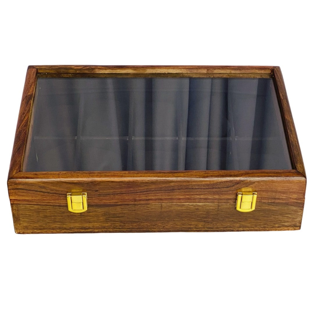 Luxury wooden watch storage box display case with 10 premium watches featuring leather and metal bands - perfect watch collection organizer