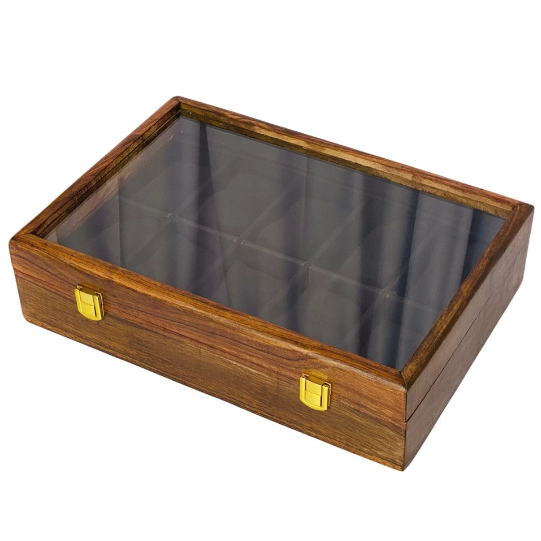 Luxury wooden watch storage box display case with 10 premium watches featuring leather and metal bands - perfect watch collection organizer