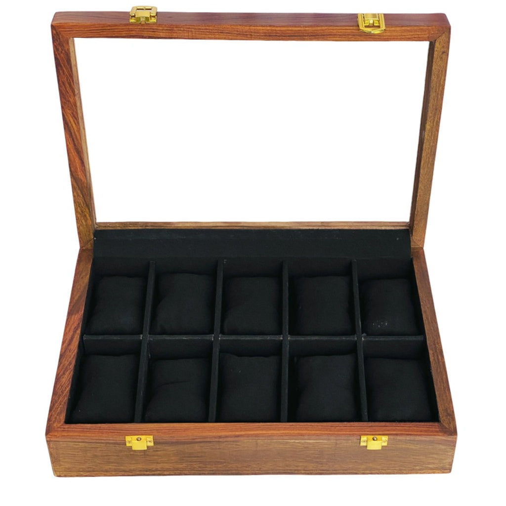 Luxury wooden watch storage box display case with 10 premium watches featuring leather and metal bands - perfect watch collection organizer 