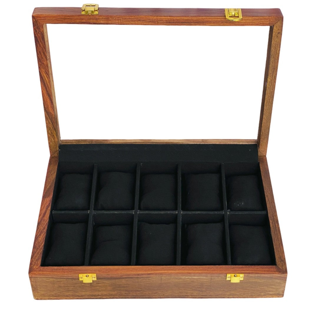 Luxury wooden watch storage box display case with 10 premium watches featuring leather and metal bands - perfect watch collection organizer 