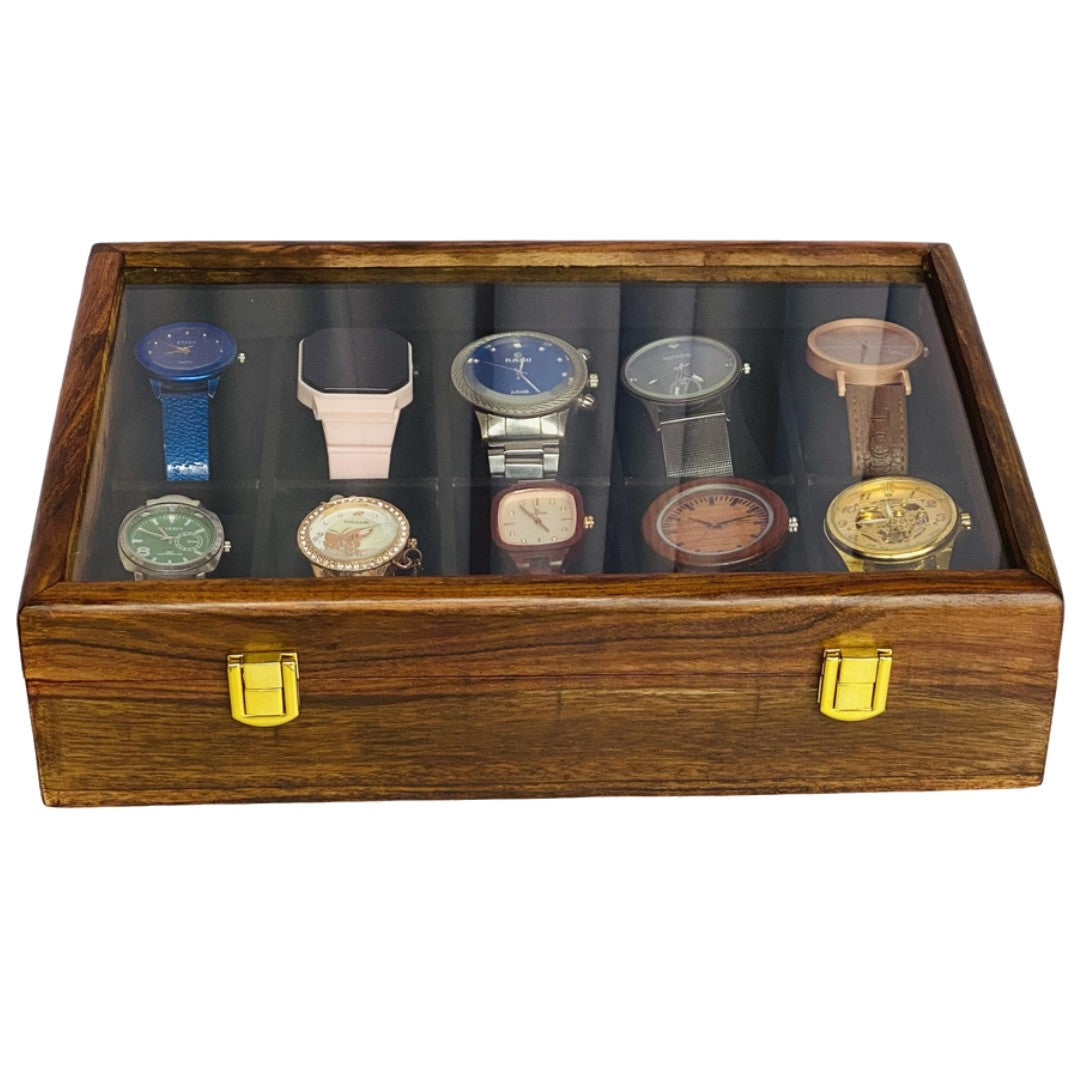 Luxury wooden watch storage box display case with 10 premium watches featuring leather and metal bands - perfect watch collection organizer