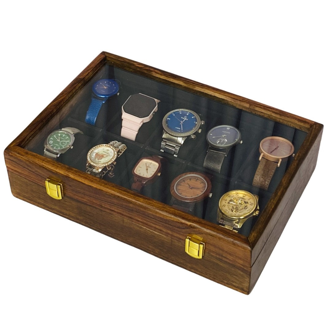 Luxury wooden watch storage box display case with 10 premium watches featuring leather and metal bands - perfect watch collection organizer
