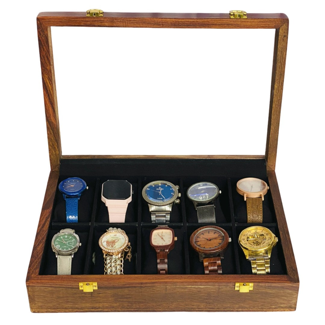 Luxury wooden watch storage box display case with 10 premium watches featuring leather and metal bands - perfect watch collection organizer 