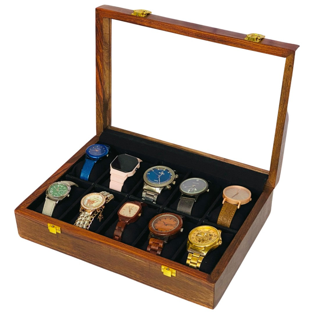 Luxury wooden watch storage box display case with 10 premium watches featuring leather and metal bands - perfect watch collection organizer