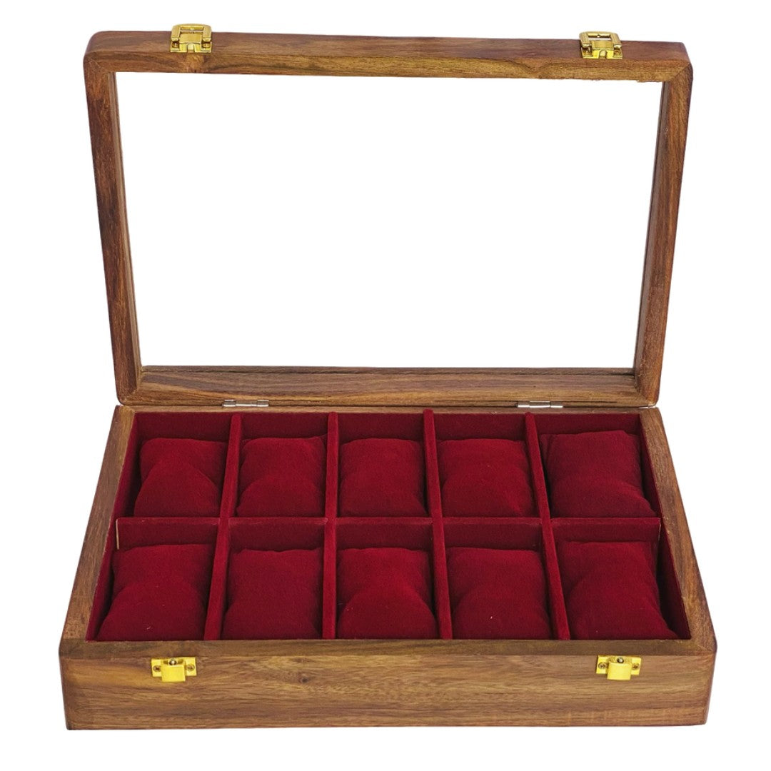 Elegant wooden watch box with glass top for ten watches – premium display and storage case.