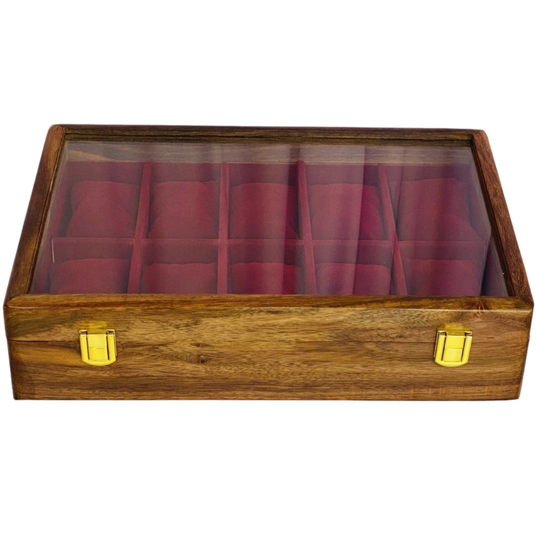 Elegant wooden watch box with glass top for ten watches – premium display and storage case.