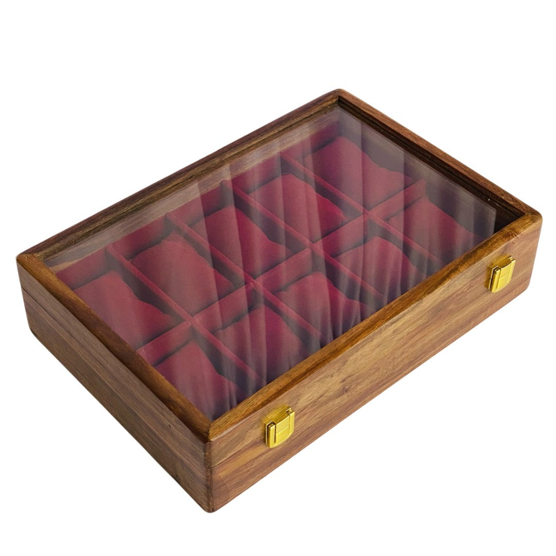 Elegant wooden watch box with glass top for ten watches – premium display and storage case.