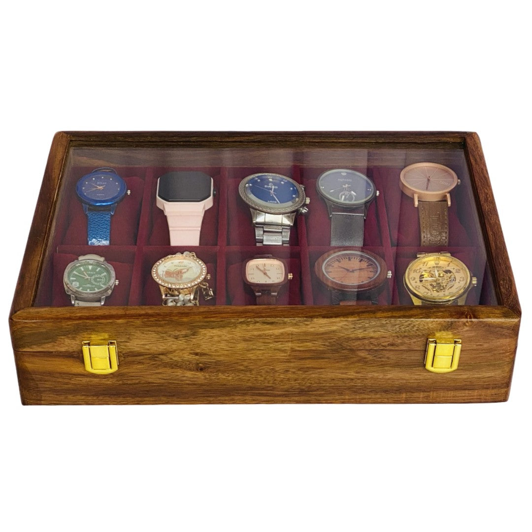 Elegant wooden watch box with glass top for ten watches – premium display and storage case.