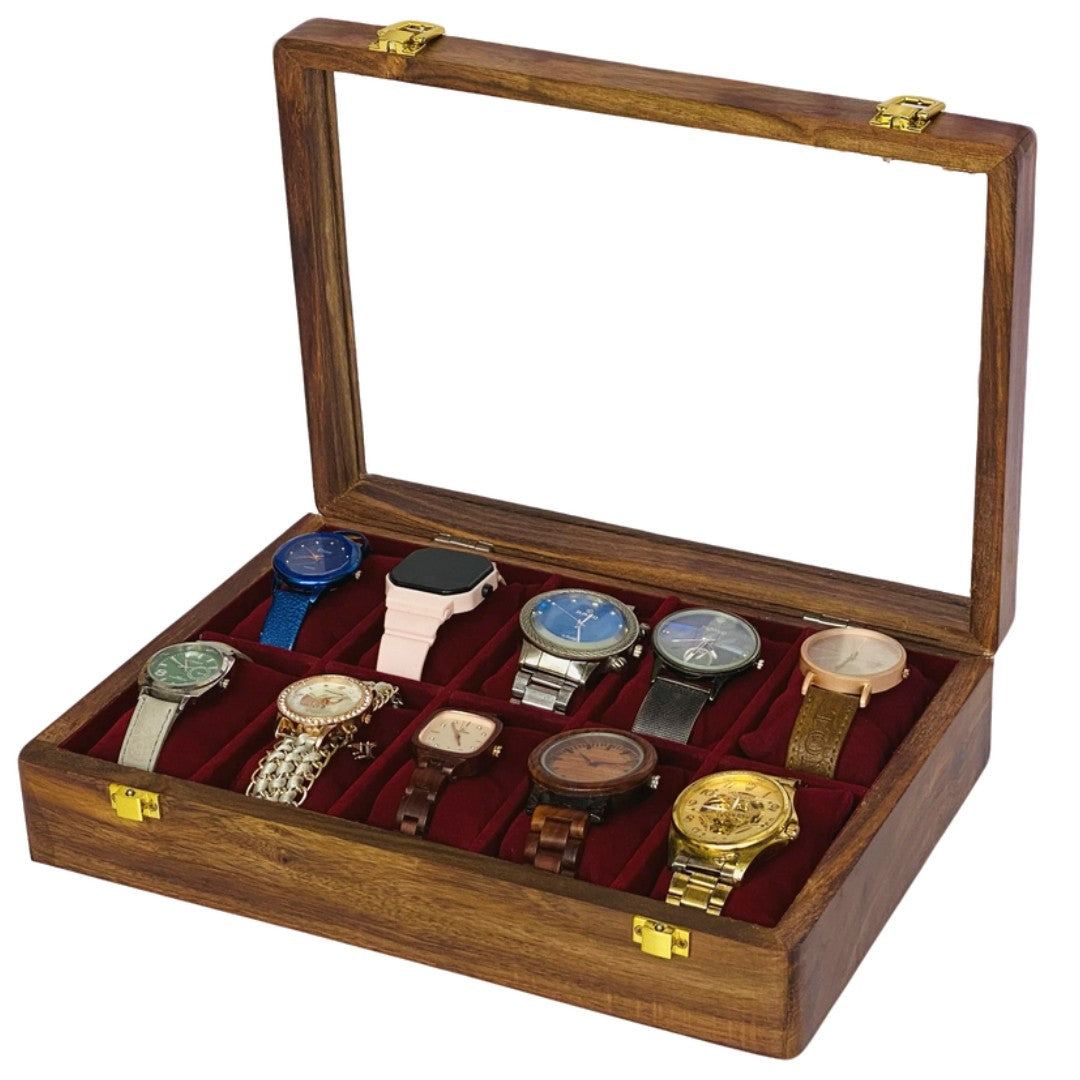 Elegant wooden watch box with glass top for ten watches – premium display and storage case.