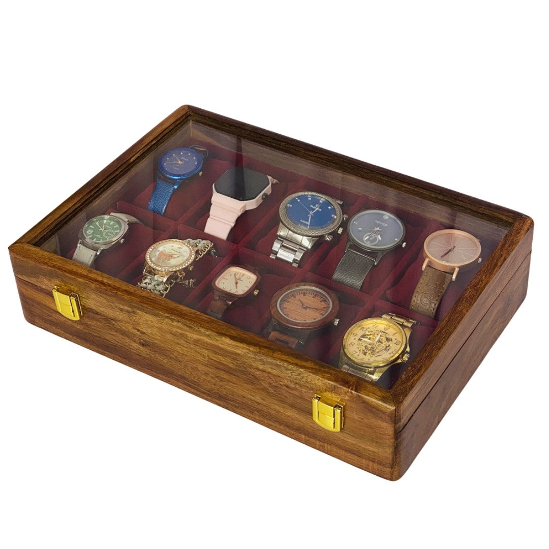 Elegant wooden watch box with glass top for ten watches – premium display and storage case.