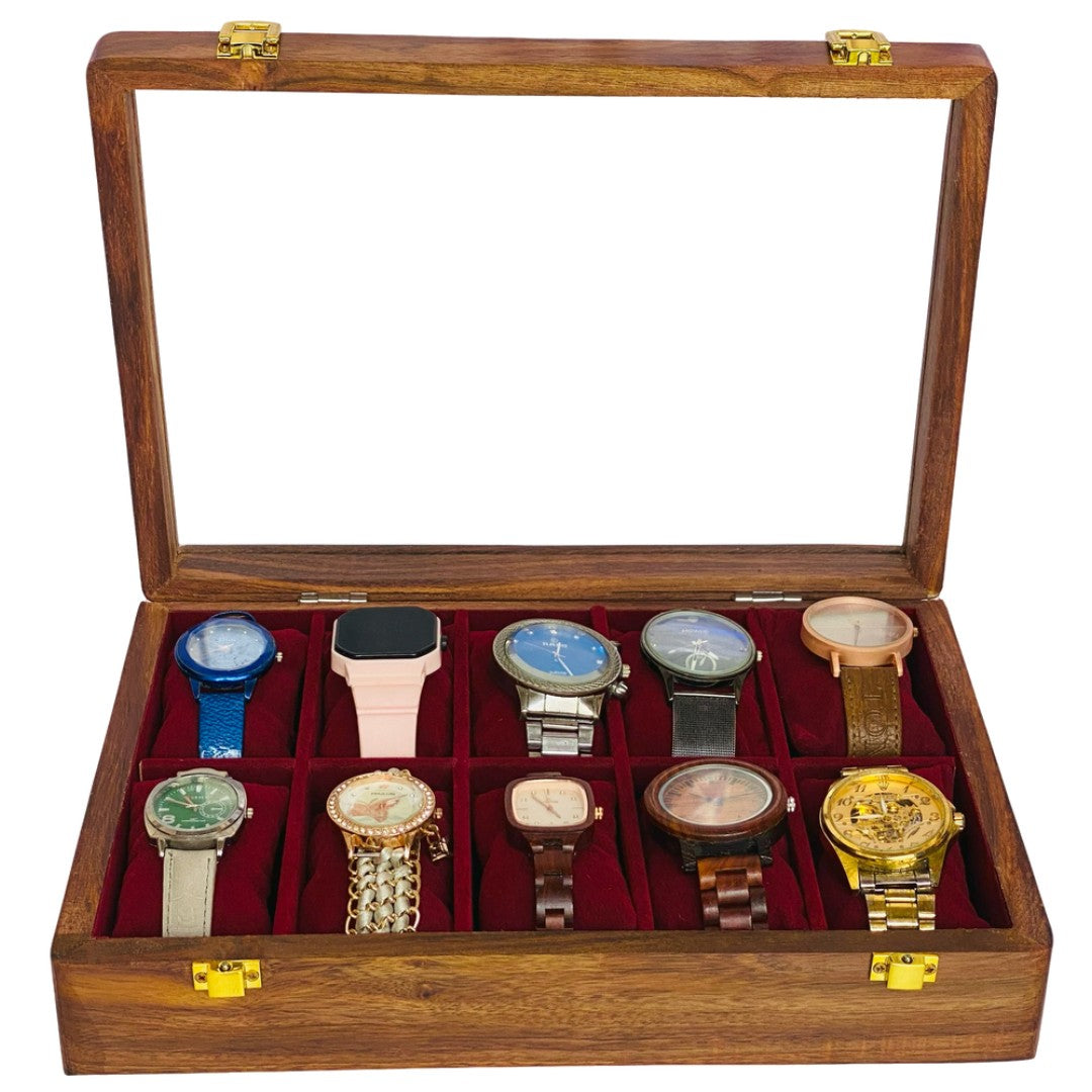 Elegant wooden watch box with glass top for ten watches – premium display and storage case.