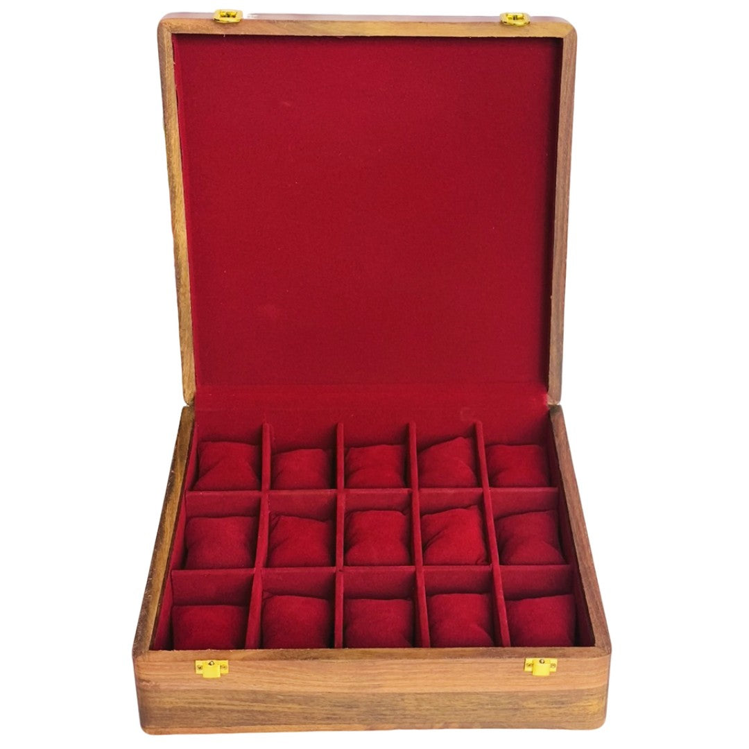Luxury wooden watch box with polished wood top for 15 watches – premium organizer case.