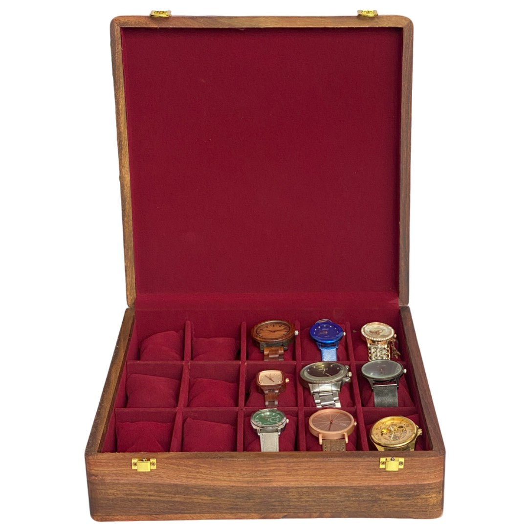 Luxury wooden watch box with polished wood top for 15 watches – premium organizer case.