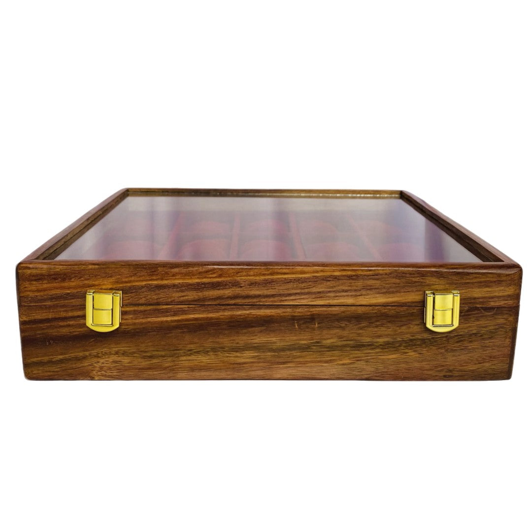 Elegant glass top wooden watch box for 15 watches – premium display and storage organizer.