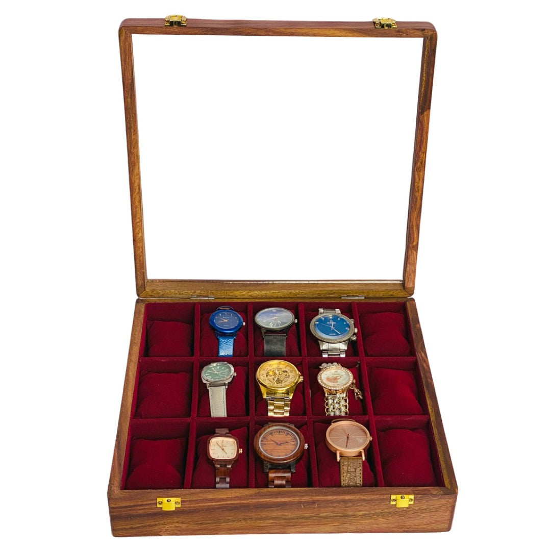 Elegant glass top wooden watch box for 15 watches – premium display and storage organizer.