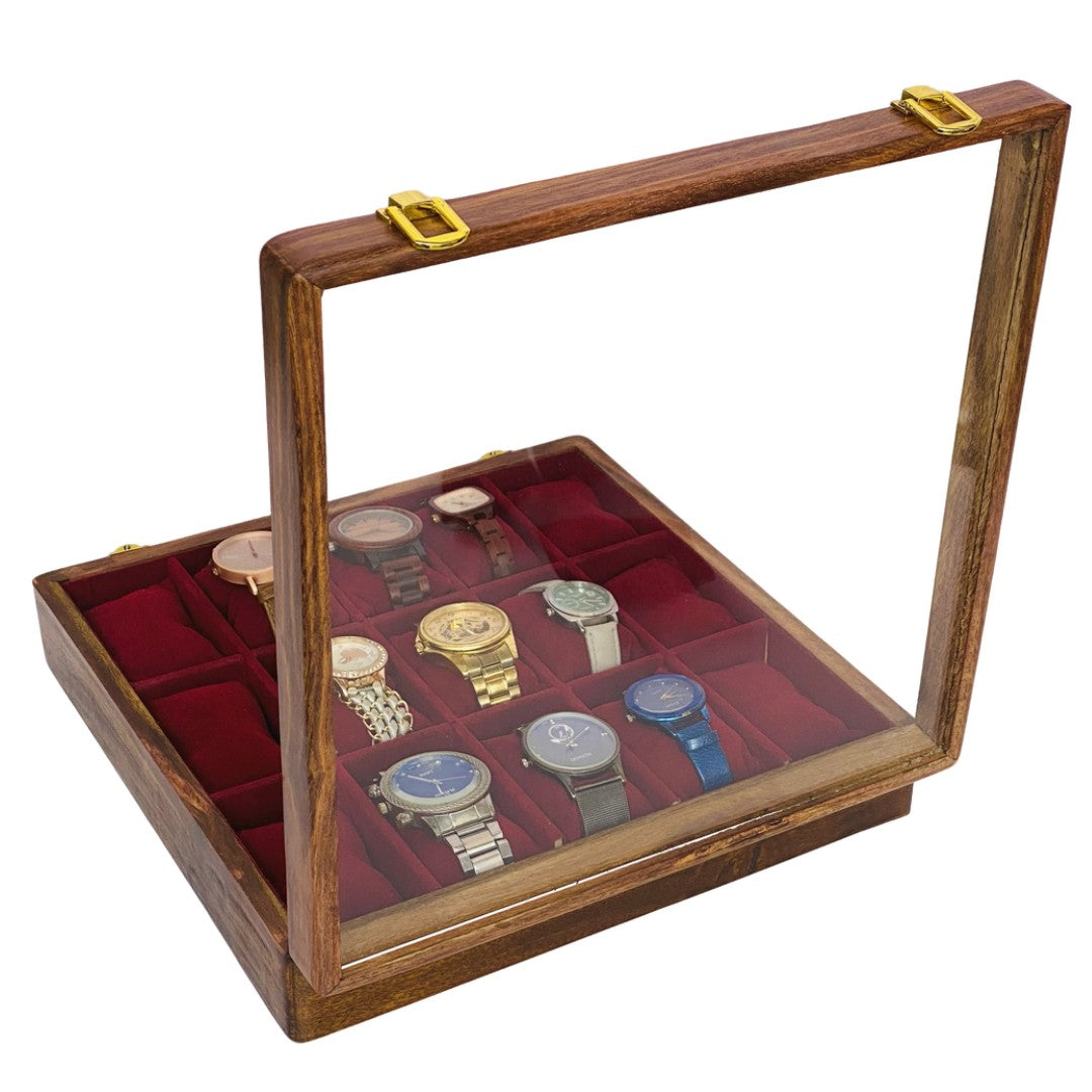 Elegant glass top wooden watch box for 15 watches – premium display and storage organizer.