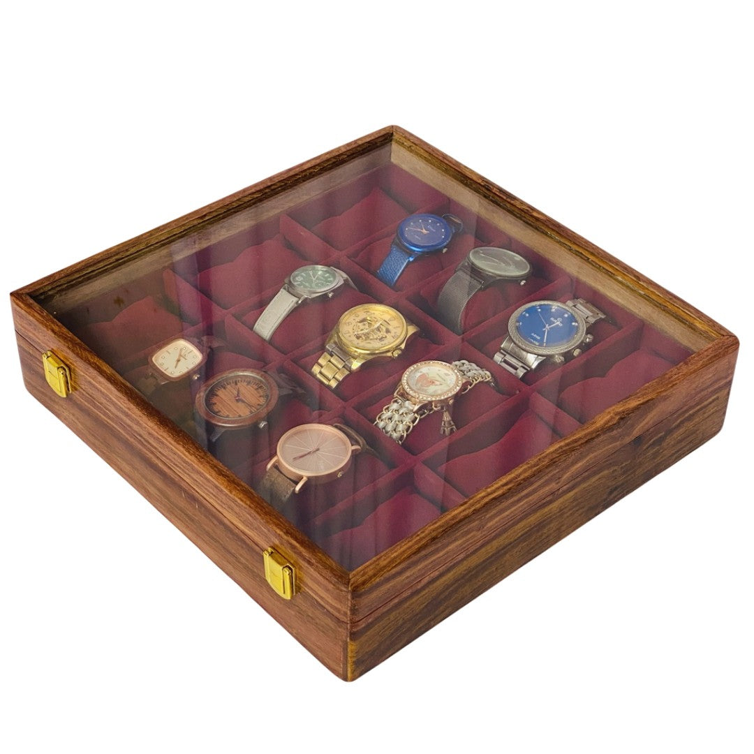 Elegant glass top wooden watch box for 15 watches – premium display and storage organizer.