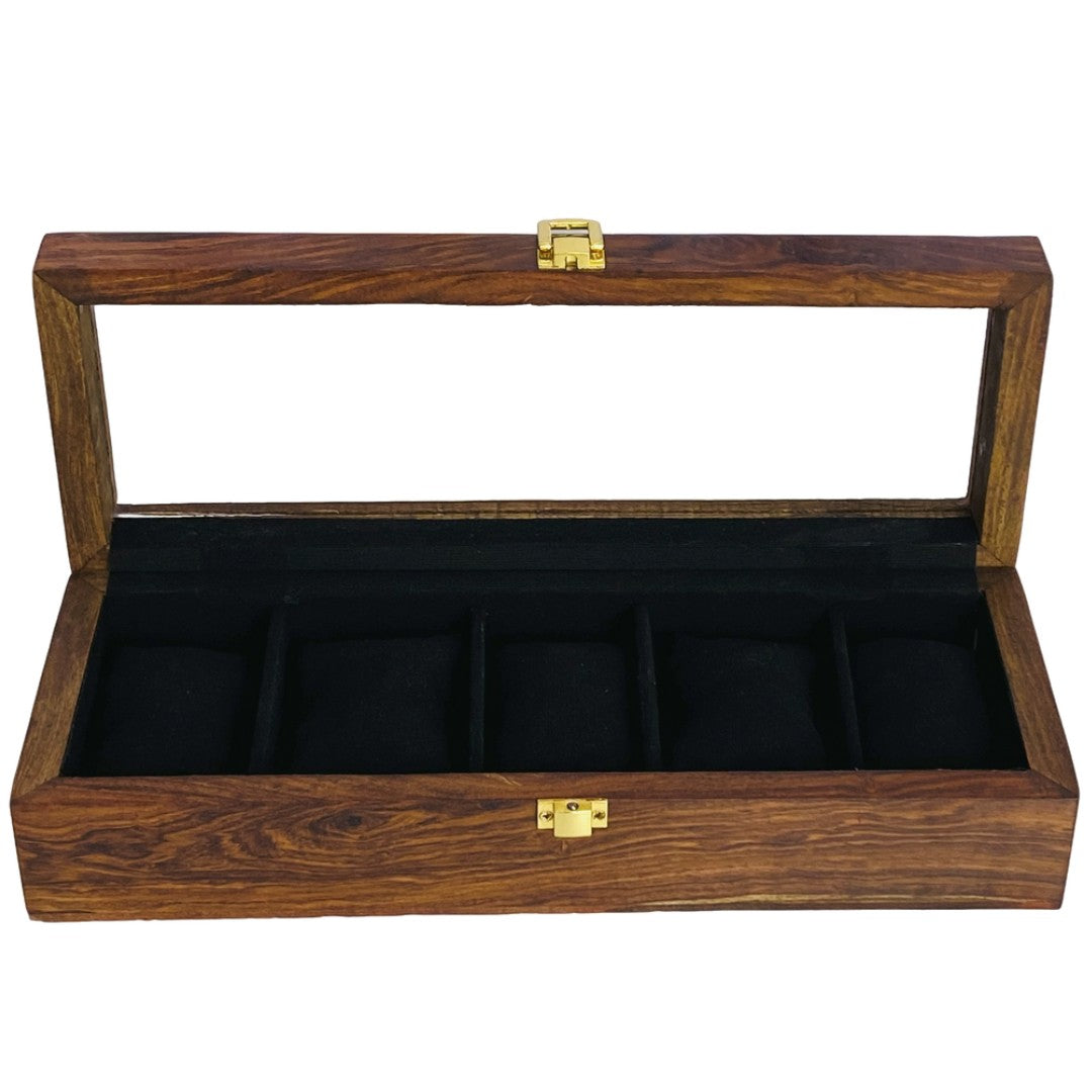 Luxury wooden watch box for five watches with glass top and soft velvet lining.