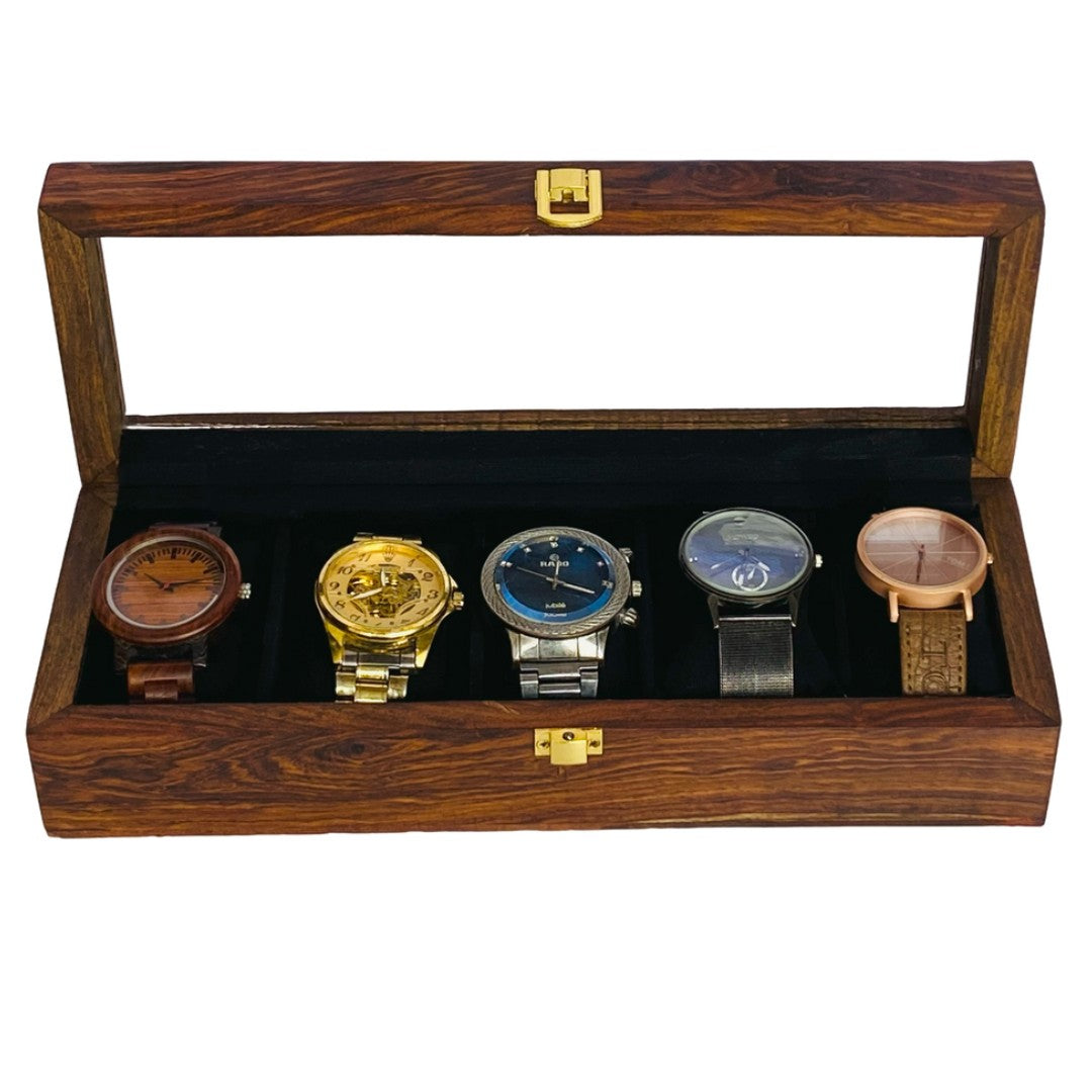 Luxury wooden watch box for five watches with glass top and soft velvet lining.