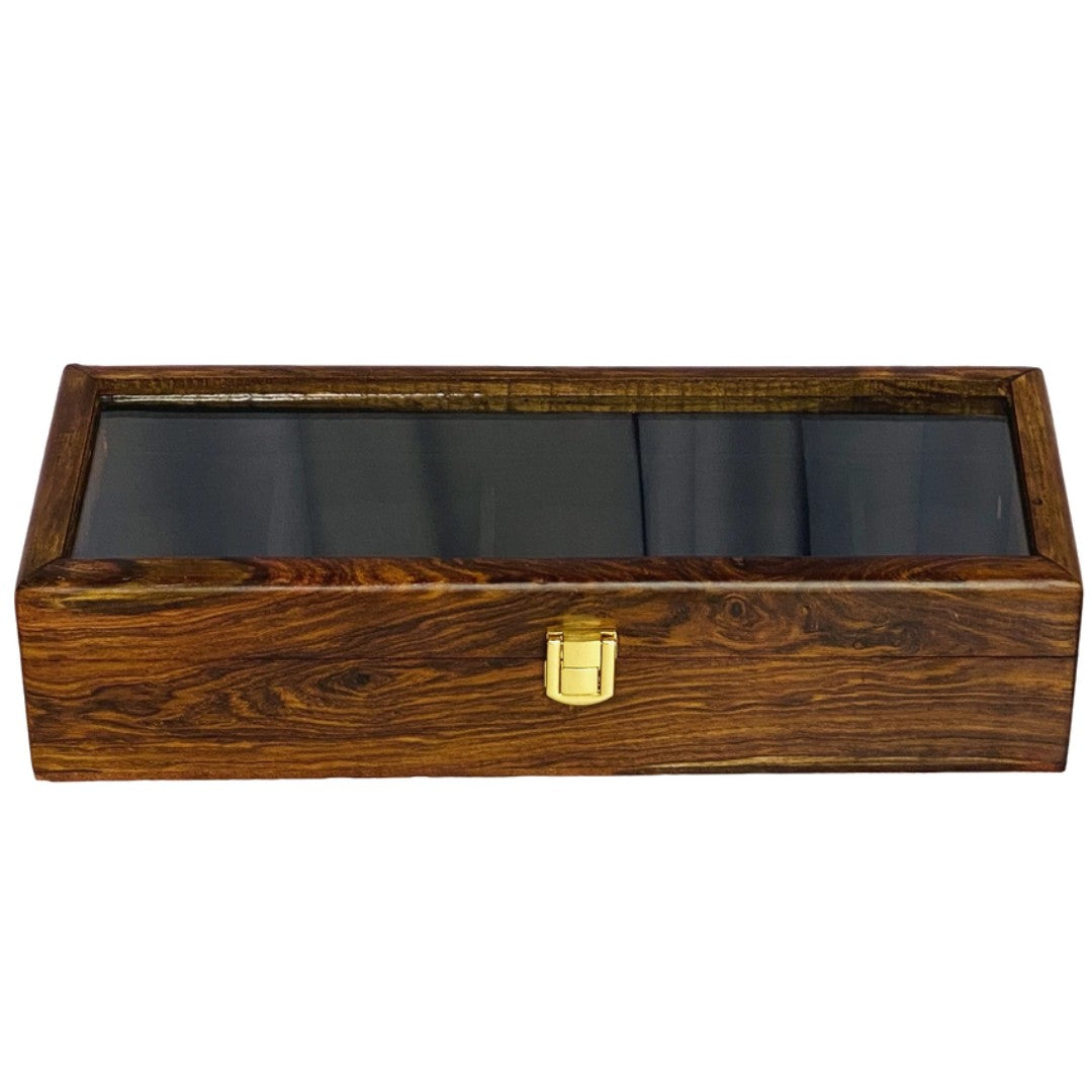 Luxury wooden watch box for five watches with glass top and soft velvet lining.