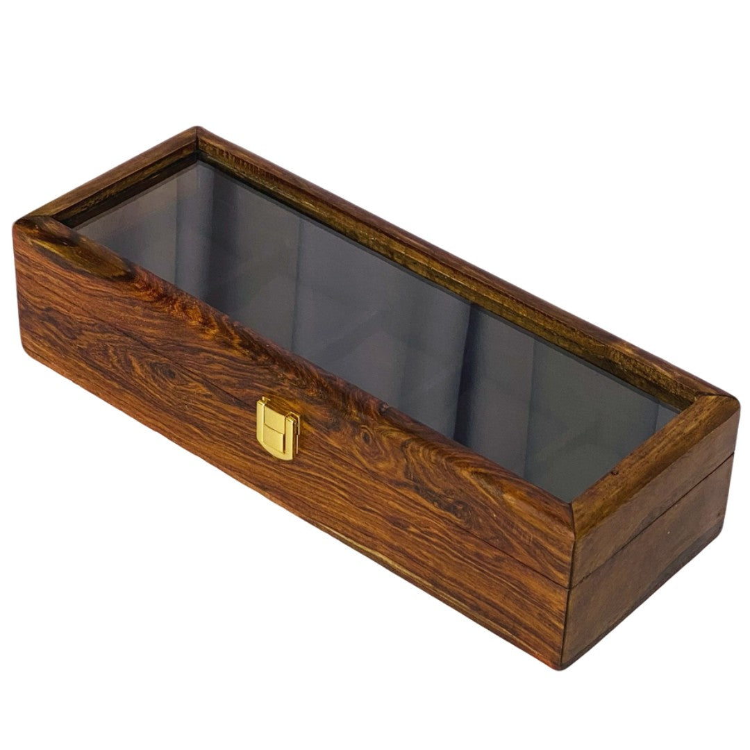 Luxury wooden watch box for five watches with glass top and soft velvet lining.