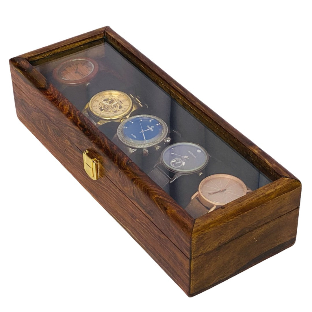 Luxury wooden watch box for five watches with glass top and soft velvet lining.